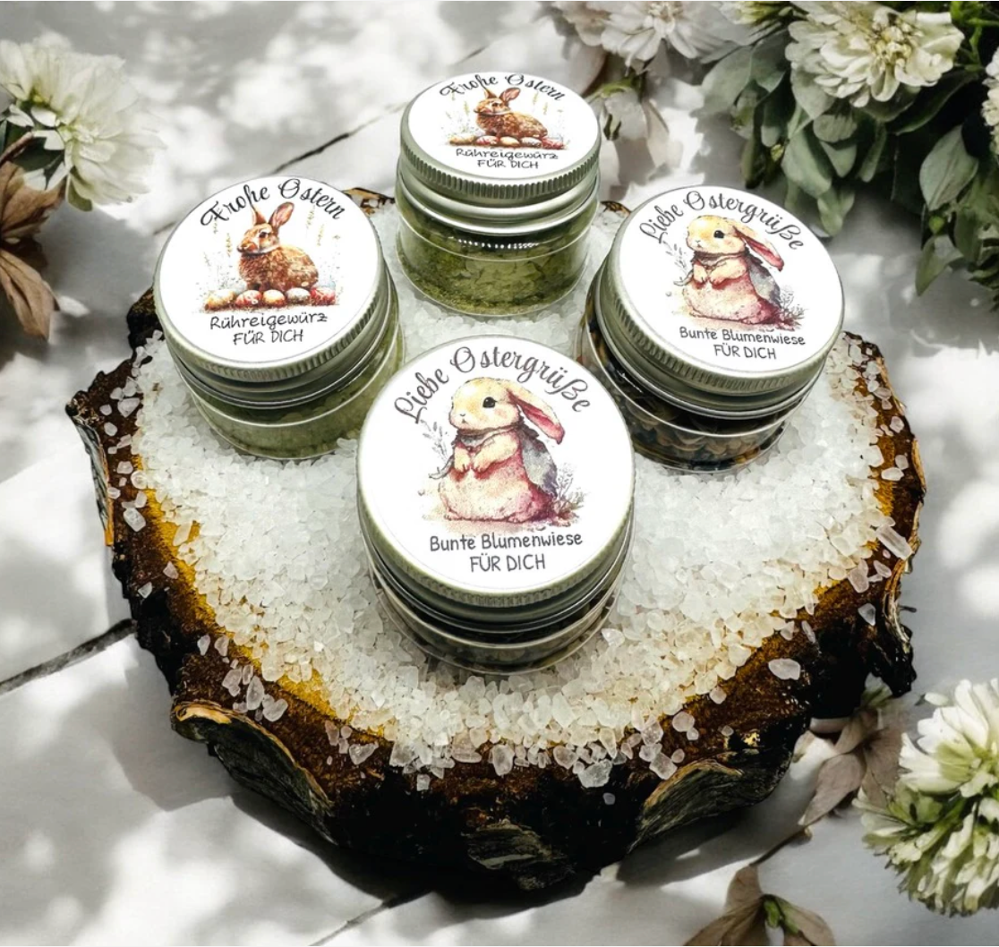 Zauberhaftes Ostergeschenk: Rühreigewürz oder Blumenwiese im Döschen mit Ostergruß/ Mitgebsel Ostern/ Ostergeschenk/ Gastgeschenk Ostern