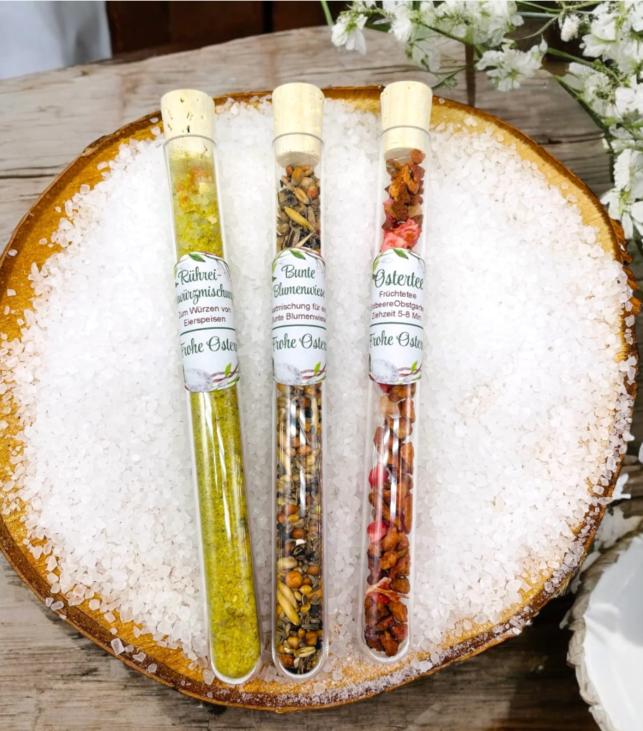 Ostergeschenk/ Gastgeschenk Ostern/ Rühreigewürz im Reagenzglas für Kollegen, Nachbarn, Mitarbeiter- Oster Mitgebsel- Ostertee- Blumensamen