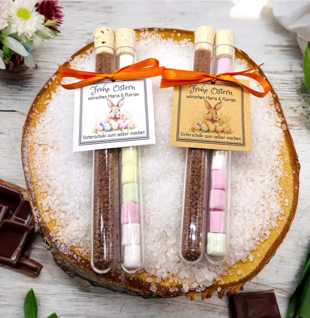 Ostergeschenk Set – Reagenzgläser mit Kakao & Marshmallows, personalisierbares Gastgeschenk Ostern, Mitbringsel, Osterhase Design