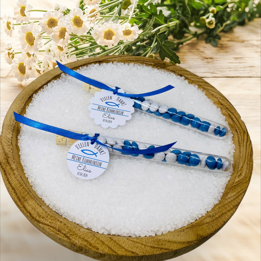 Elegant test tubes decorated with a church fish as a guest gift
